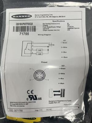 BANNER QS18VP6FF50Q8 Hochzuverlässiger fotoelektrischer Festfeldsensor